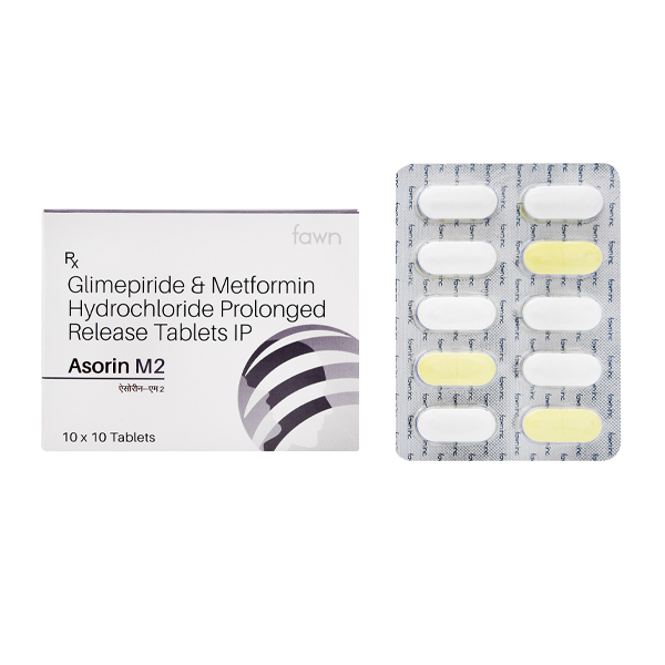 Product Name: ASORIN M2, Compositions of ASORIN M2 are Glimepiride 2 mg+Metformin Hydrochloride (ER) 500 mg. - Fawn Incorporation