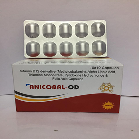 Product Name: Anicobal OD, Compositions of Anicobal OD are Vitamin B12 derivative (Methylcobalamin), Alpha Lipoic Acid, Thiamine Mononitrate, Pyridoxine Hydrochloride & Folic Acid Capsules - Apikos Pharma