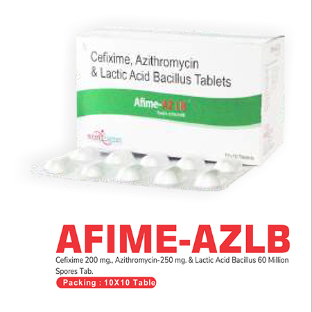 Product Name: Afime AZLB, Compositions of Afime AZLB are Cefixime,Azithromycin & Lactic Acid Bacillus Tablets - Scothuman Lifesciences