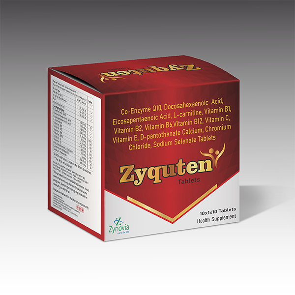 Product Name: Zyquten, Compositions of Zyquten are Co-Enzyme Q10, Docosahexaenoic Acid, Eicosapentaenoic Acid, L-carnitine, Vitamin B1, Vitamin B2, Vitamin B6, Vitamin B12, Vitamin C, Vitamin E, D-pantothenate Calcium, Chromium Chloride, Sodium Selenate Tablets - Zynovia Lifecare