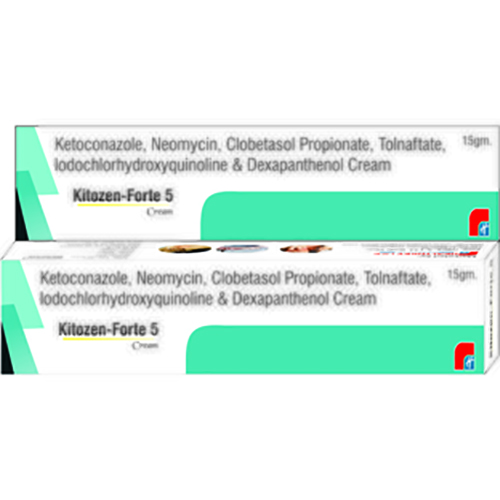 Product Name: KITOZEN FORTE 5, Compositions of KITOZEN FORTE 5 are Clobetasol Propionate, Neomycin Sulphate,Tolnaftate,Iodochlorhydroxyquinoline & Ketoconazole Cream - Healthkey Life Science Private Limited