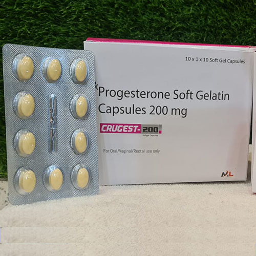 Product Name: Crugest 200, Compositions of Crugest 200 are Progesterone Soft Gelatin Capsules 200 mg - Medizec Laboratories