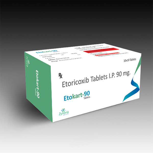 Product Name: Etokart 90, Compositions of Etokart 90 are Etoricoxib Tablets I.P 90 mg - Zynovia Lifecare