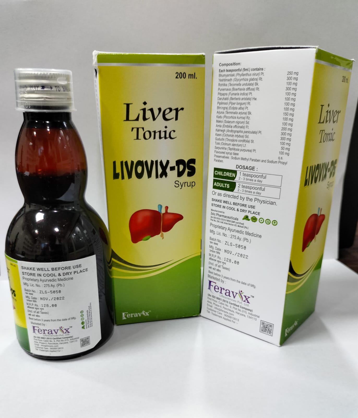 Product Name: LIVOVIX DS Syrup, Compositions of LIVOVIX DS Syrup are LIVER TONIC DS EACH 5ML - Feravix Lifesciences