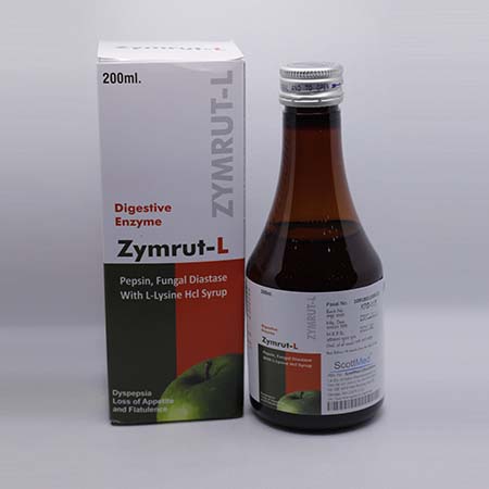 Product Name: Zymrut L, Compositions of Zymrut L are Pepeson, Fungal Diastase with L-Lysine Hcl Syrup - Norvick Lifesciences