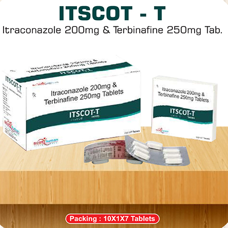 Product Name: Itscot T, Compositions of Itscot T are Itraconazone 200 mg & Terbinafine 250mg tab - Scothuman Lifesciences
