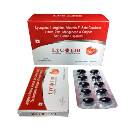 Product Name: Lycofib, Compositions of Lycofib are Lycopene, L-Arginine, Vitamin - E, Beta Carotene, Leutin, Zinc, Maganese & Copper Softgelatin Capsules - Kevlar Healthcare Pvt Ltd