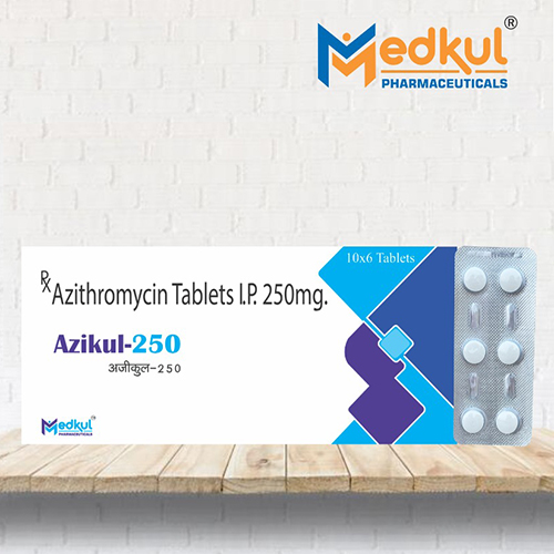 Product Name: Azikul 250, Compositions of Azikul 250 are Azithromycin Tablets IP 250 mg - Medkul Pharmaceuticals