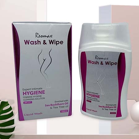 Product Name: Wash Wipe, Compositions of Wash Wipe are Expert Intimate Hygiene Femine Hygiene Cleansing Solutions Enriched with Sea Buckthron Oil - Reomax Care