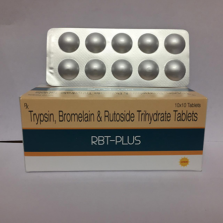 Product Name: RBT PLUS, Compositions of RBT PLUS are Trypsin, Bromelan & Rutoside Trihydrate Tablets - Apikos Pharma
