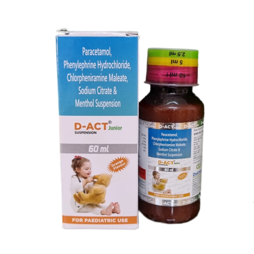 Product Name: D ACT Junior, Compositions of D ACT Junior are Paracetamol, Phenylephrine Hydrochloride, Chlorpheniramine Maleate, Sodium Citrate & Menthol Suspension - Dolchem Pharmaceuticals Private Limited