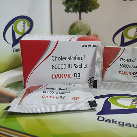 Product Name: Dakvil D3, Compositions of Dakvil D3 are Cholecalciferol 60,000 IU Sachet - Dakgaur Healthcare