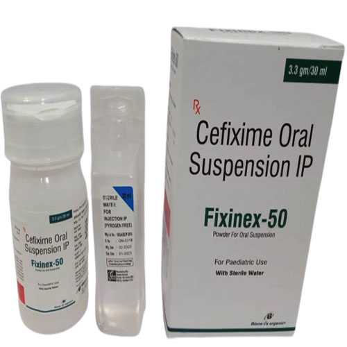 Product Name: Fixinex 50, Compositions of Fixinex 50 are CEFIXIME 50 mg 5ML with water - Bionexa Organic