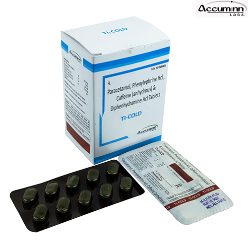 Product Name: Ti Cold, Compositions of Ti Cold are Paracetamol, Phenylphrine Hcl Caffine & Diphenhydramine Hcl Tablets - Accuminn Labs