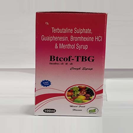 Product Name: Btcof TBG, Compositions of Btcof TBG are Terbutaline sulphate,Guaiphenesin Bromhexine Hcl & Menthol Syrup - Biotanic Pharmaceuticals