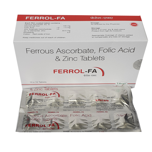 Product Name: Ferrol FA, Compositions of Ferrol FA are Ferrous Ascrobate, Folic Acid & Zinc Tablets - Lifecare Neuro Products Ltd.