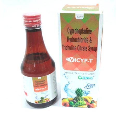 Product Name: VICYP T, Compositions of VICYP T are Cyproheptadine Hydrochloride & Tricholine Citrate Syrup - Ozenius Pharmaceutials