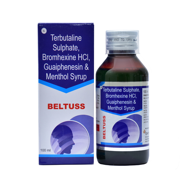 Product Name: BELTUSS, Compositions of BELTUSS are Terbutaline Sulphate 1.25 mg Bromhexine Hydrochloride 2 mg, Guaiphenesin 50 mg, Menthol 0.5 mg. - Fawn Incorporation