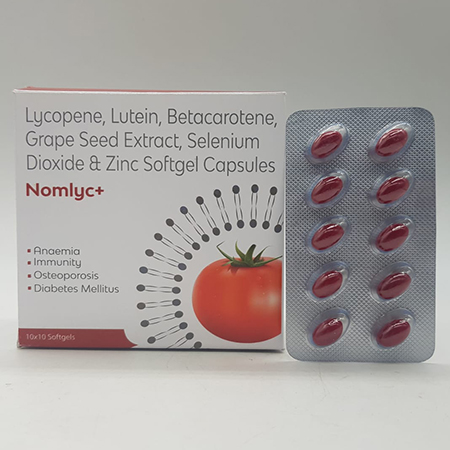 Product Name: Nomlyc+, Compositions of Nomlyc+ are Lycopene, Lutein, Betacarotene, Grape Seed Extract, Selenium Dioxide and Zinc Softgel Capsules - Acinom Healthcare