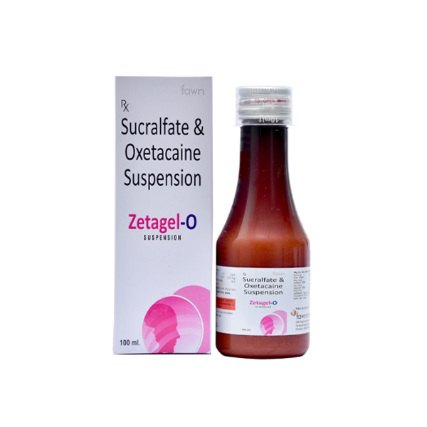 Product Name: ZETAGEL O, Compositions of ZETAGEL O are Sucralfate 1gm+ Oxetacaine 20 mg. - Fawn Incorporation