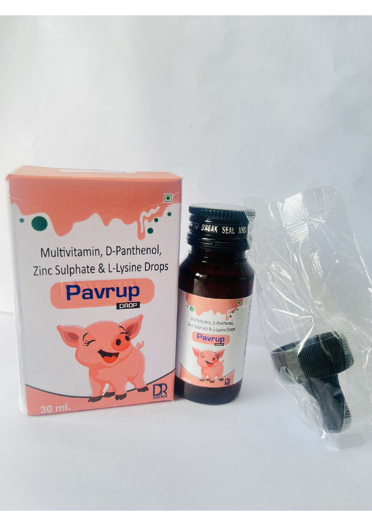 Product Name: Pavrup, Compositions of Pavrup are Multivitamin D-Panthenol Zine Sulphate & L-Lysine Drops - Docrix Healthcare