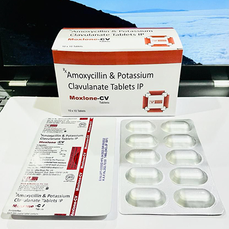 Product Name: Moxlone CV, Compositions of Moxlone CV are Amoxycillin & Potassium Clavulanate Tablets - Waylone Healthcare