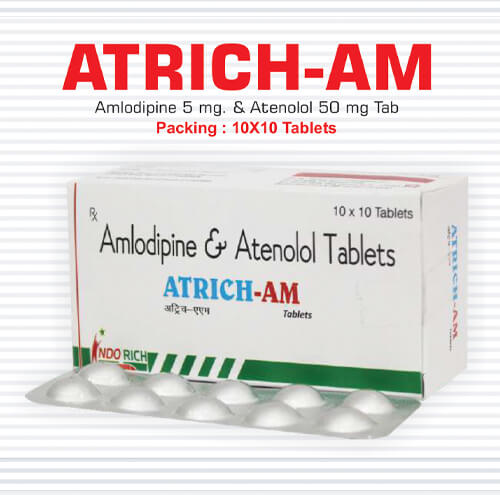 Product Name: Atrich AM, Compositions of Atrich AM are Amlodipine  5 mg & Atenolol 50 Tablets IP - Pharma Drugs and Chemicals