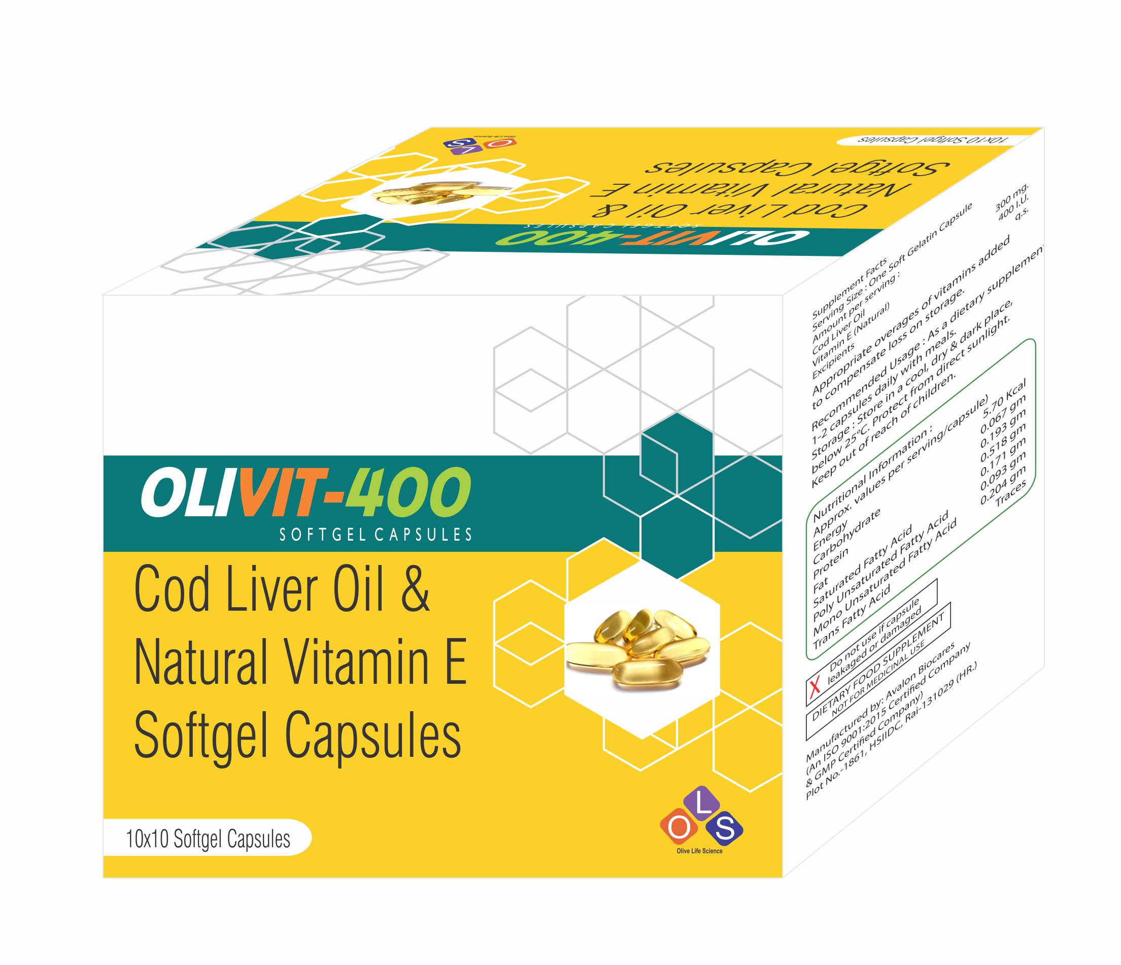 Product Name: OLIVIT 400, Compositions of OLIVIT 400 are COD LIVER OIL & NATURAL VITAMIN E SOFTGEL CAPSULES - Cynak Healthcare