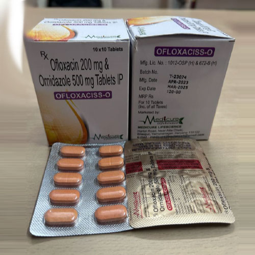 Product Name: OFLOXACISS O, Compositions of OFLOXACISS O are Oflozacin 200 mg & Omidazole 500mg Tables IP  - Medicure LifeSciences