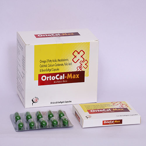 Product Name: ORTOCAL MAX, Compositions of ORTOCAL MAX are Omega-3 Fatty Acid Mecobolamin, Calciferol Calcium Carbonate Folic Acid & Baron Softgel Capsules - Biomax Biotechnics Pvt. Ltd