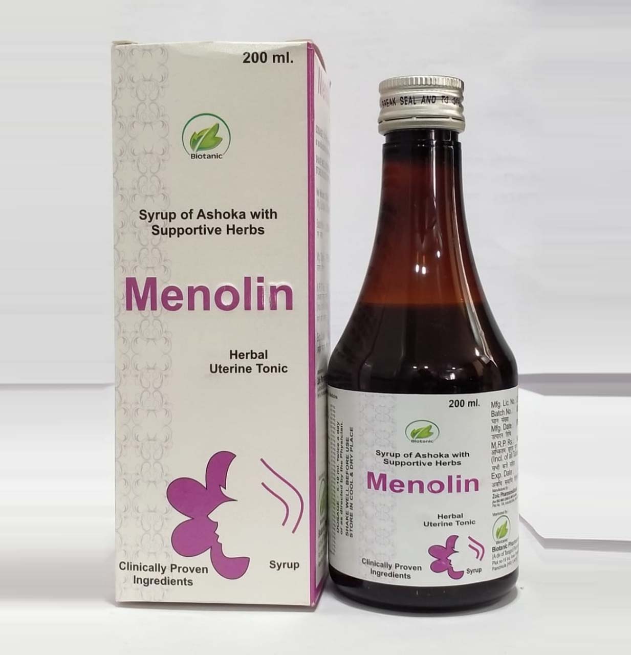 Product Name: Menolin, Compositions of Menolin are Syrup of Ashokan with Supportive Herbs - Biotanic Pharmaceuticals