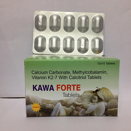 Product Name: KAWA FORTE, Compositions of KAWA FORTE are Cakcium Carbonate, Methylcobalamin, Vitamin K27 with Calkcitriol Tablets - Apikos Pharma