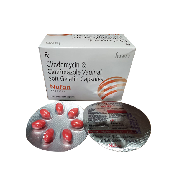 Product Name: NUFON, Compositions of Clindamycin phosphate 100 mg + Clotrimazole Vaginal 100 mg. are Clindamycin phosphate 100 mg + Clotrimazole Vaginal 100 mg. - Fawn Incorporation