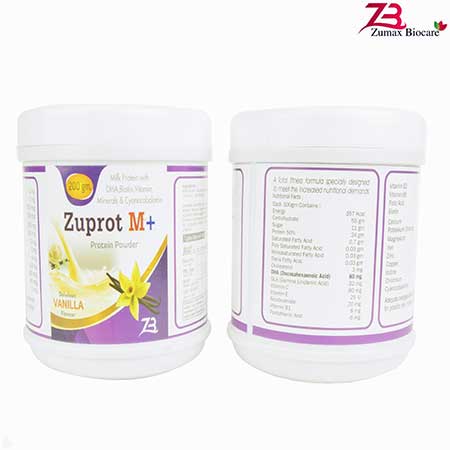 Product Name: Zuprot M+, Compositions of Zuprot M+ are Milk Protein, DHA, Methycobalamin, Vitamins, Minerals, Biotin - Zumax Biocare