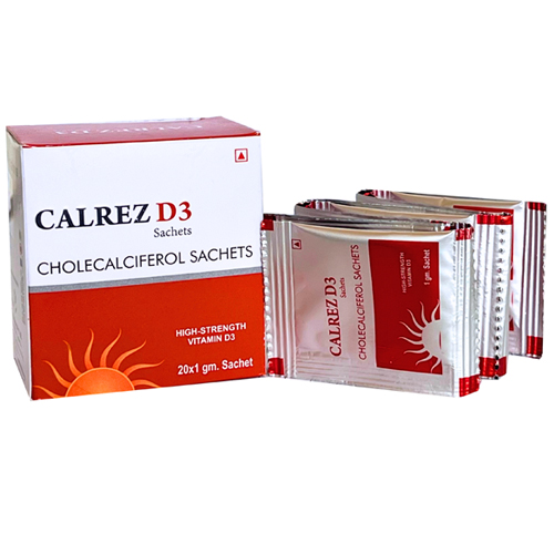 Product Name: Calrez D3, Compositions of Calrez D3 are Cholecalciferol Sachets - Glenvox Biotech Private Limited