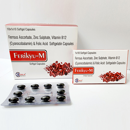 Product Name: Ferikyu M, Compositions of Ferikyu M are Ferrous Ascorbate, Zinc Sulphate, Vitamin B12 (Cyanocobalamin) & Folic Acid Soft Gelatin Capsules - Bkyula Biotech