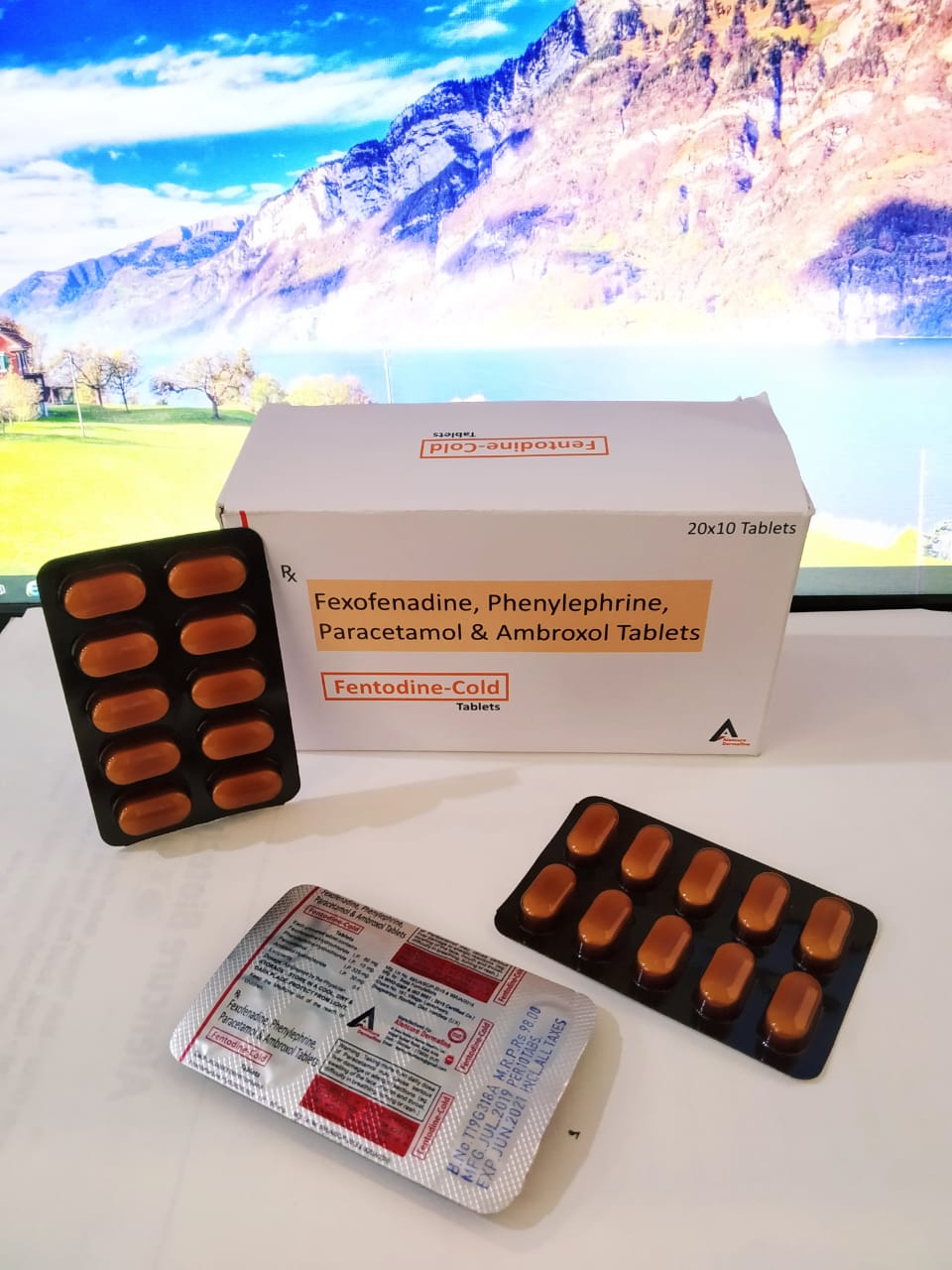 Product Name: FENTODINE COLD, Compositions of FENTODINE COLD are Fexofenadine, Phenylphrine, Paracetamol & Ambroxol Tablets - Alencure Biotech Pvt Ltd