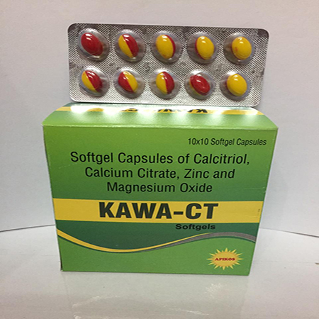 Product Name: KAWA CT, Compositions of KAWA CT are Softgel Capsules of Cakciutriol, Calium Citrate, Zinc and Magnesium Oxide - Apikos Pharma