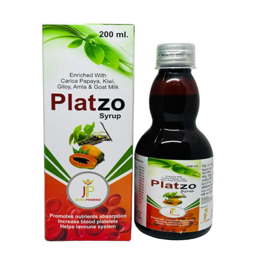 Product Name: Platzo Syrup, Compositions of Platzo Syrup are Enriched with Carica Papaya, Kiwi, Giloy, Amla & Goat Milk - Jecks Pharma