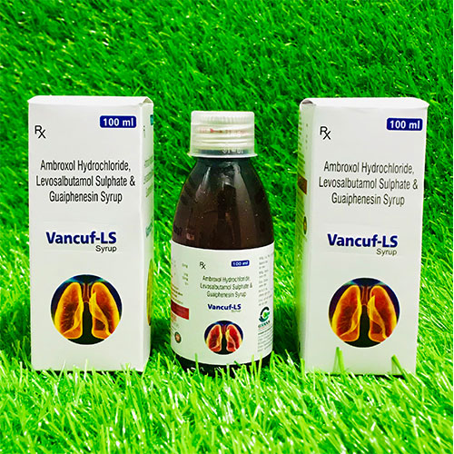 Product Name: Vancuf LS, Compositions of Vancuf LS are ambroxol Hydrochloride Plus Levosaibutamol Sulphate & Guaiphenesin - Gvans Biotech Pvt. Ltd