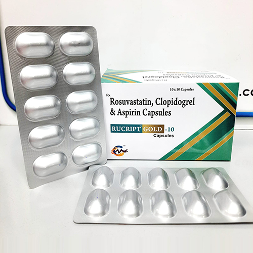 Product Name: Rucript Gold 10, Compositions of Rucript Gold 10 are Rosuvation,Clopidogrel & Aspirin Capsules - Cardimind Pharmaceuticals