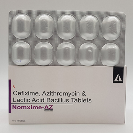 Product Name: Nomxime AZ, Compositions of Nomxime AZ are Cefixime,  Azithromycin and Lactic Acid bacillus Tablets - Acinom Healthcare