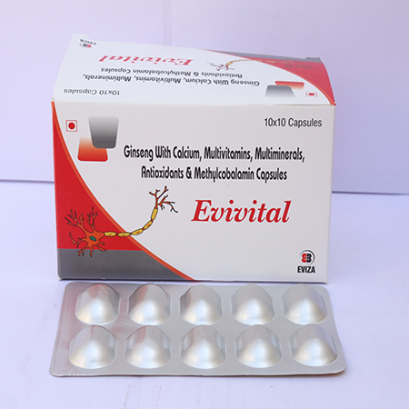 Product Name: Evivital, Compositions of Evivital are Gingseng with calcium, multivitamins, multiminerals, antioxidants & methylcobalamin capsules - Eviza Biotech Pvt. Ltd