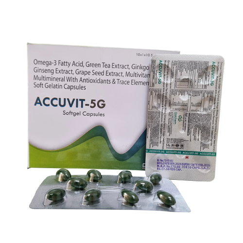 Product Name: ACCUVIT 5G, Compositions of ACCUVIT 5G are Omega-3 Fatty Acid, Green Tea Extract, Ginkgo Ginseng Extract, Grape Seed Extract, Multivitan Multimineral With Antioxidants & Trace Elemen Soft Gelatin Capsules - Dolchem Pharmaceuticals Private Limited