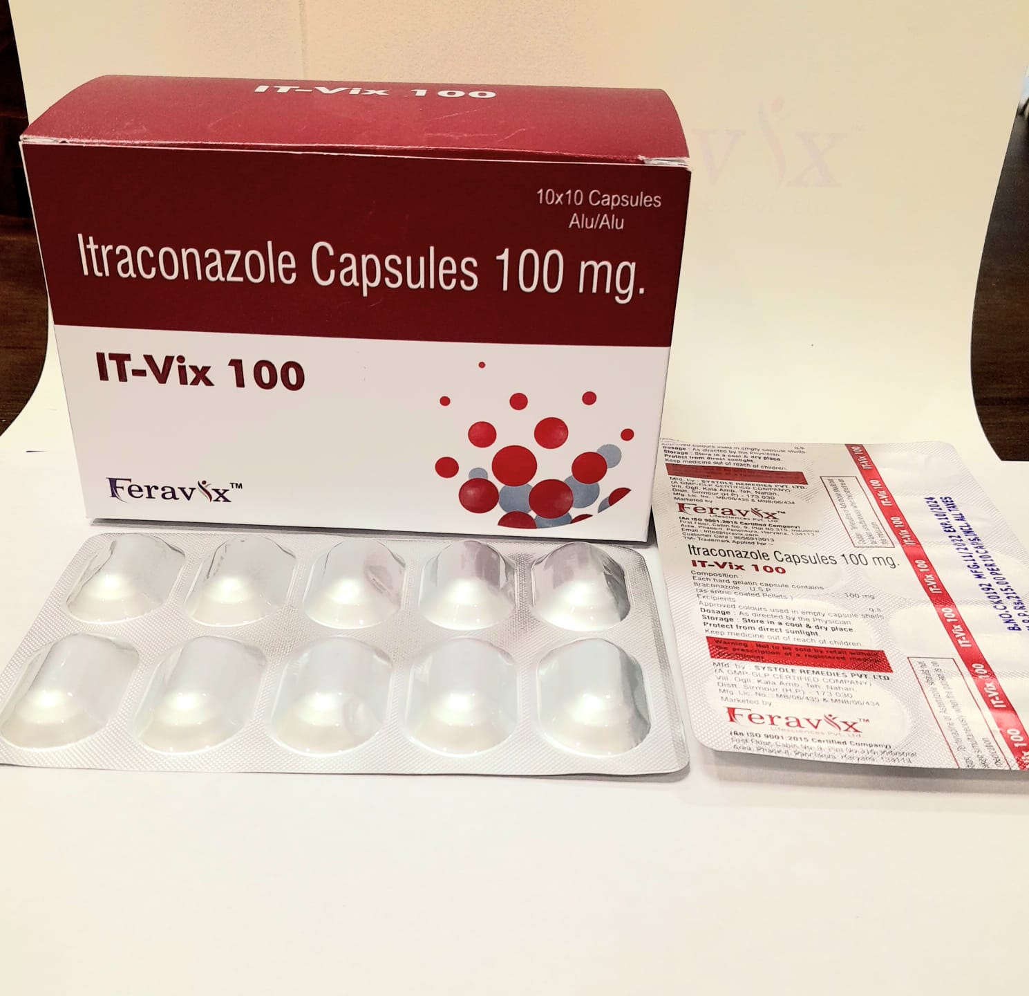 Product Name: IT VIX 100 Capsules, Compositions of IT VIX 100 Capsules are ITRACONAZOLE 100MG - Feravix Lifesciences