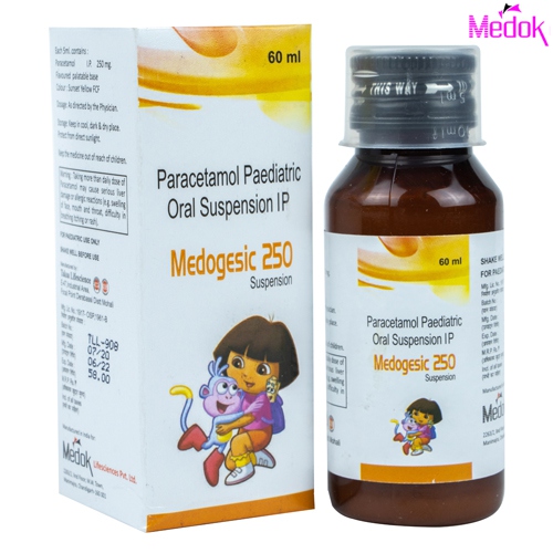 Product Name: Medogesic 250, Compositions of Medogesic 250 are Paracetamol paediatric oral suspension IP - Medok Life Sciences Pvt. Ltd