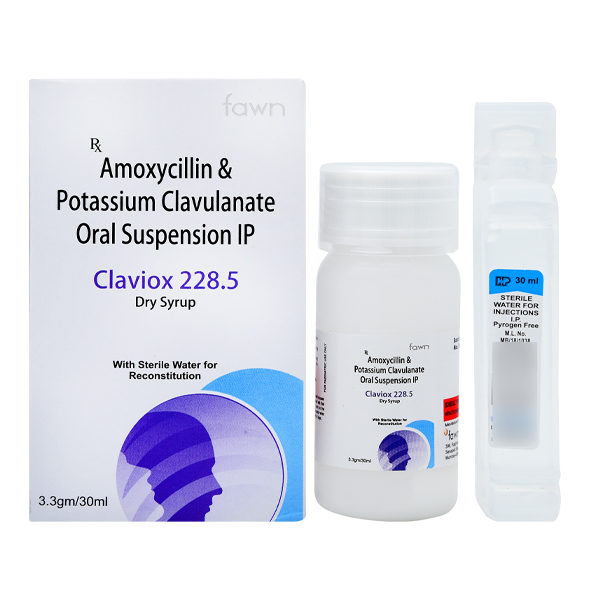 Product Name: CLAVIOX 228.5, Compositions of Amoxycillin 200 mg +Potassium Clavulanic Acid 28.50 mg with Water are Amoxycillin 200 mg +Potassium Clavulanic Acid 28.50 mg with Water - Fawn Incorporation