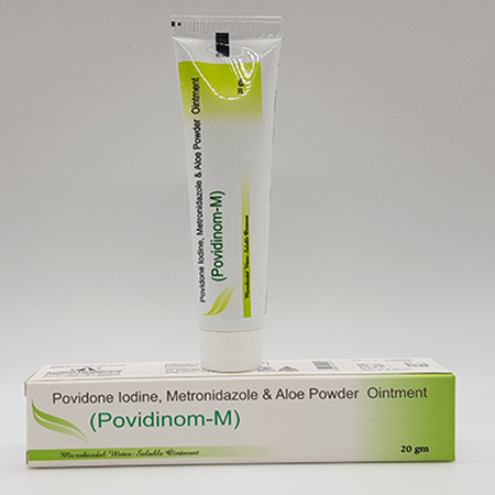 Product Name: Povidinom M, Compositions of Povidinom M are Povidinom Iodine, Metronidazole, Aloe Powder Ointments - Acinom Healthcare