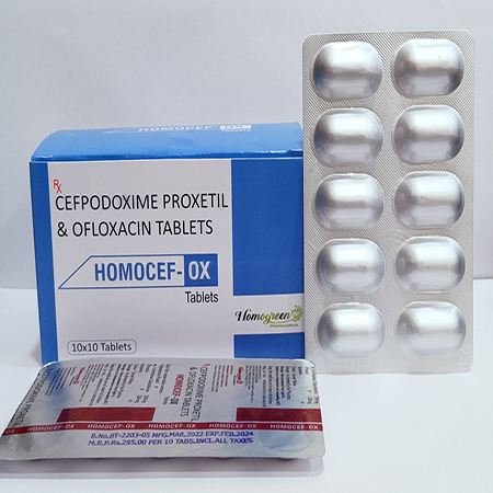 Product Name: Homocef Ox, Compositions of Homocef Ox are Cefpodoxime Proxetil & Ofloxacin Tablets - Abigail Healthcare