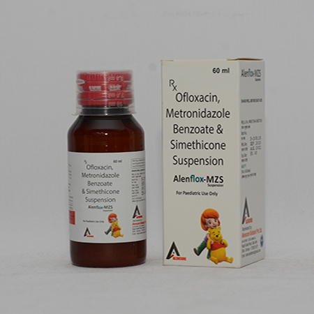 Product Name: ALENFLOX MZS, Compositions of ALENFLOX MZS are Ofloxacin, Metronidazole Benzoate & Simethicone Suspension - Alencure Biotech Pvt Ltd